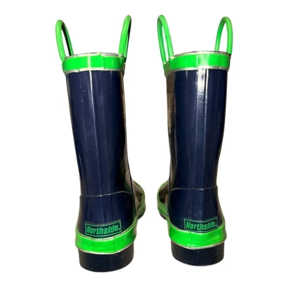 Northside Unisex Child Classic Rain Boots Navy Blue & Green Pull On 2M EUC